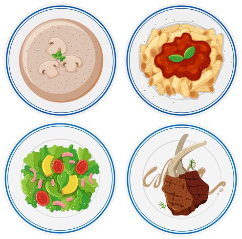 Four plates of different food vector