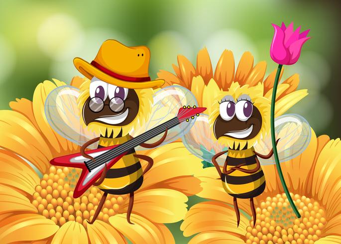 Abeja tocando la guitarra en flor vector