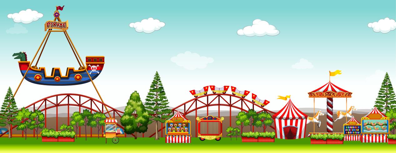 Parque de diversiones con muchas atracciones. vector