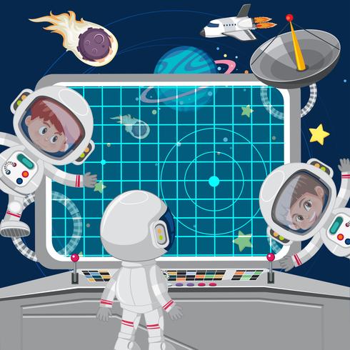 Niños astronautas en una nave espacial. vector