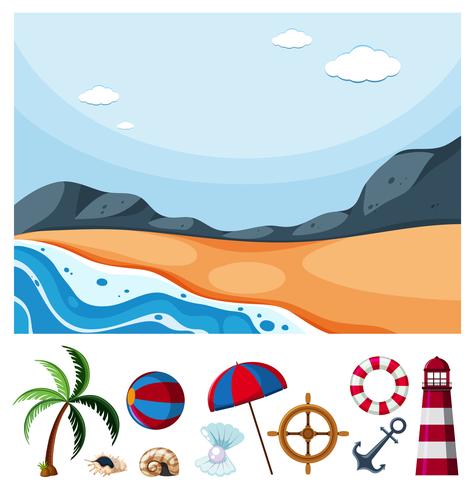 Ocean scene with different beach items vector