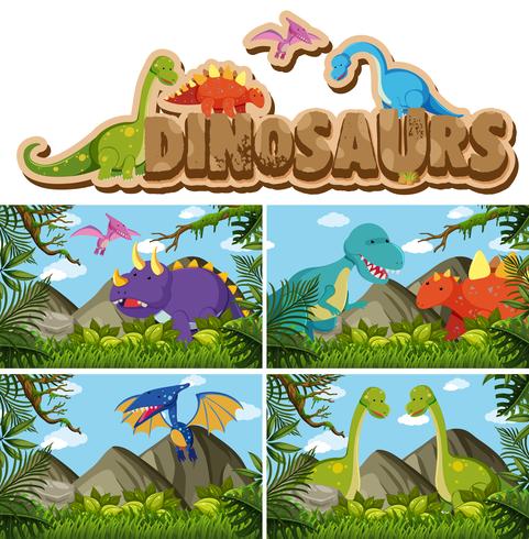 Diferentes tipos de dinosaurios en la selva. vector