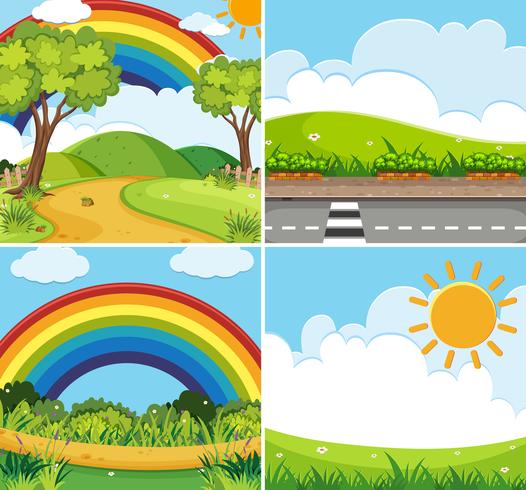 Cuatro escenas con arcoiris y sol en el cielo. vector