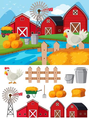 Farm elements and scene at daytime vector
