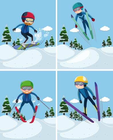 Four scenes with people skiing on mountain vector