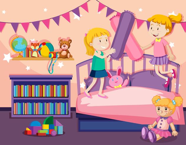 Two girls jumping on bed vector