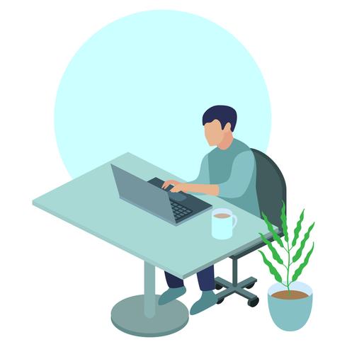 Young man working on laptop vector