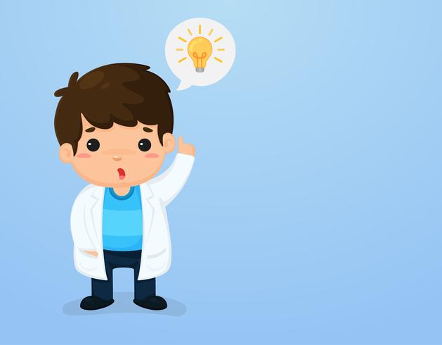 Cute kids character in a scientist suit Pointing up the sky Science teaching media. vector