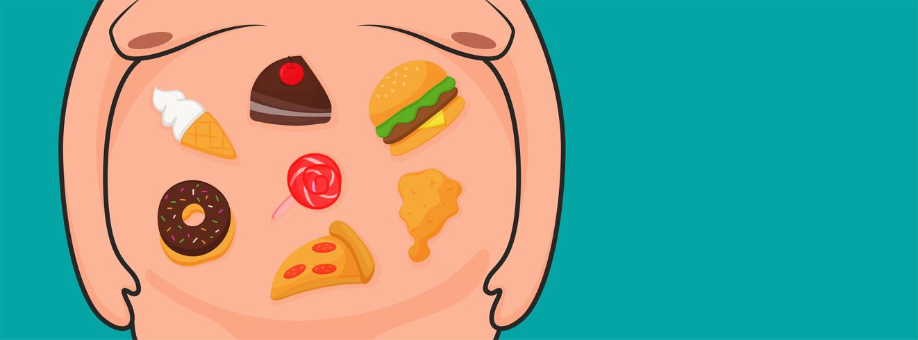 Obesidad. El vientre de un hombre gordo que come Pero comida chatarra o comida rápida. vector