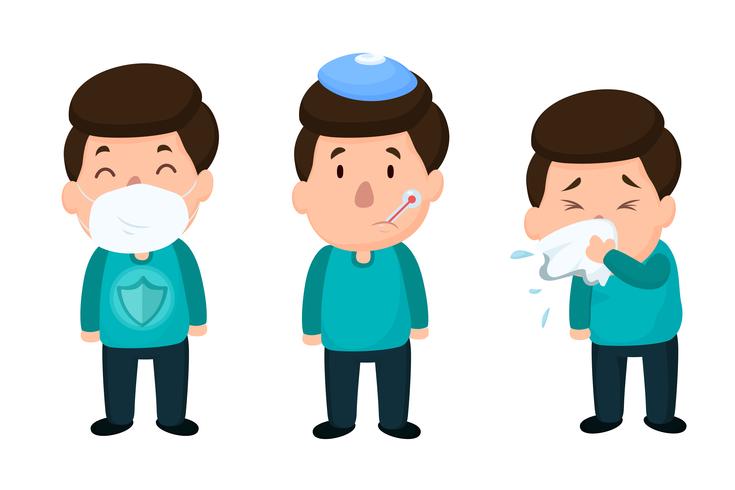 Hombres que están enfermos de gripe. Póngase una mascarilla para prevenir enfermedades. Vector sobre fondo blanco.