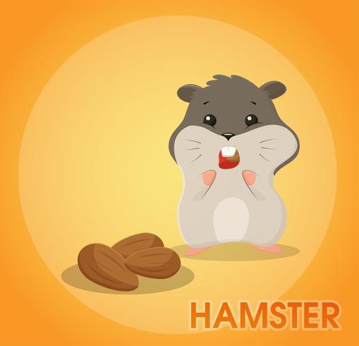 Una linda caricatura de hámster es comer almendras y mantenerla en los pómulos. vector