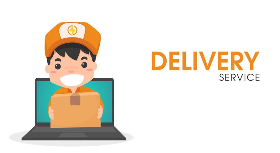 Online delivery staff via computer. vector