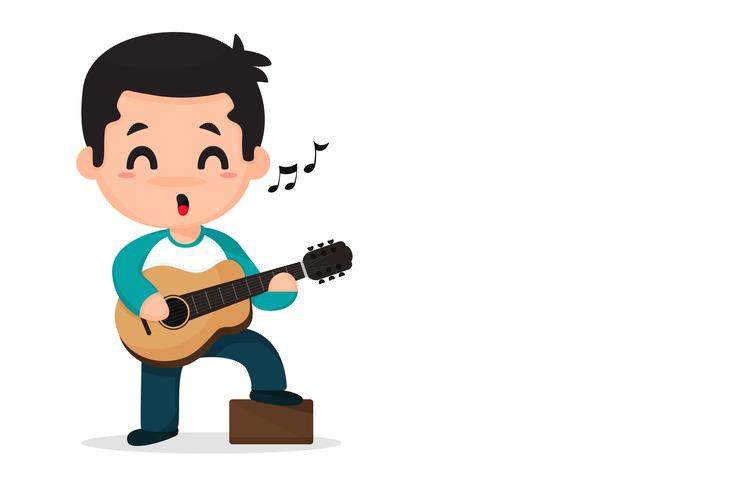 Niño de dibujos animados tocando música y cantando. vector