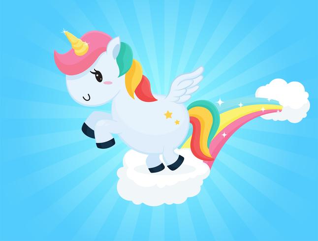 Cute unicorn cartoons jumping on the clouds Sky background and white sunlight. vector
