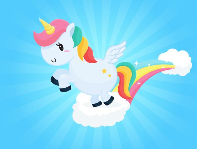 Dibujos animados lindos del unicornio que saltan en el fondo del cielo de las nubes y la luz del sol blanca. vector