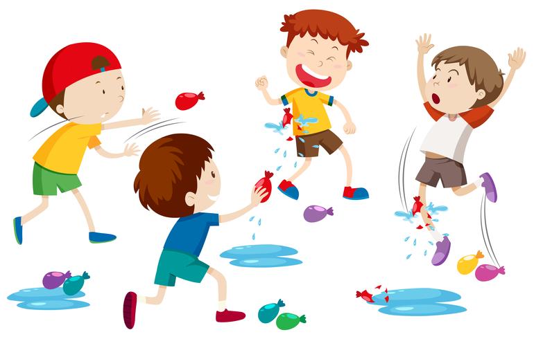 Children playing water balloon fight vector