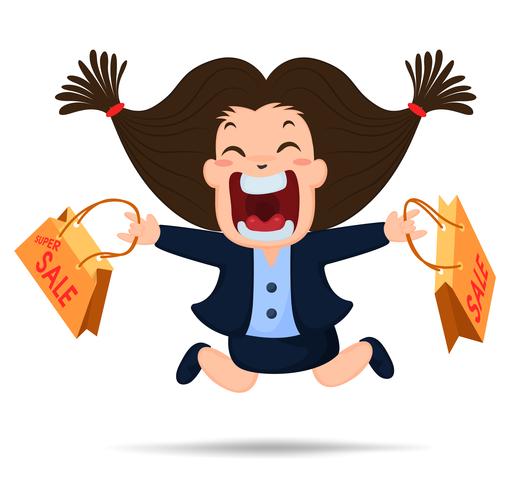 Super Sale Cartoon Character. Working women are happy to buy discount products. vector