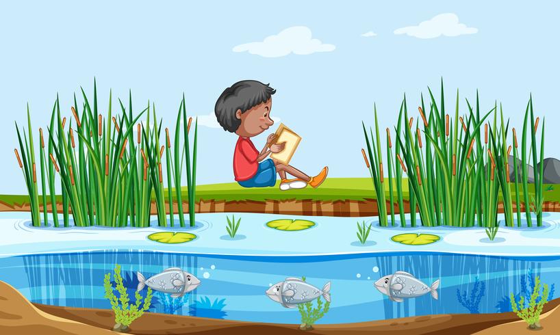 Un niño leyendo un libro en la naturaleza. vector