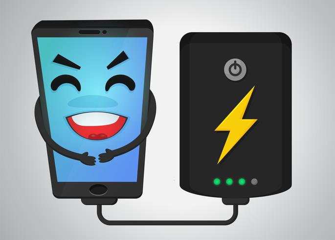 Happy mobile phone cartoon Because receiving electricity from battery powerbank. vector