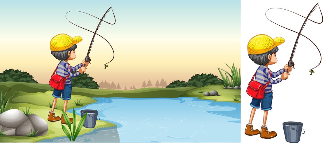 Escena de pescador en rio vector