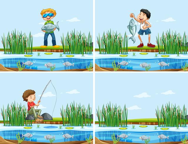 Set of people catching a fish vector