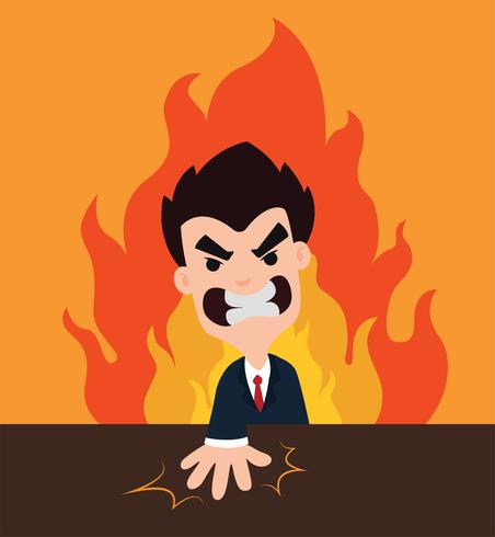 Angry Boss Cartoon Aplasta la mesa mostrando enojo Con un fondo de llama naranja vector