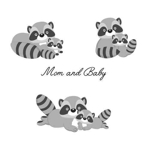 Conjunto de pequeño mapache y madre. Dibujos animados de animales del bosque. vector