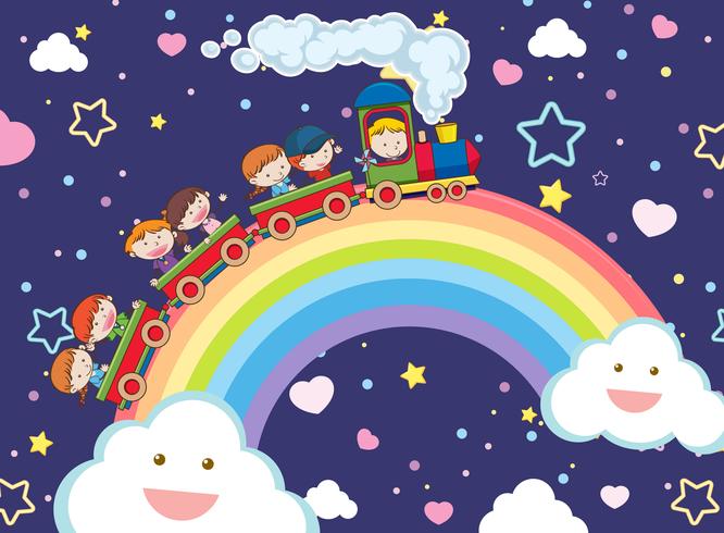 Kids Taking a Train over the Rainbow vector