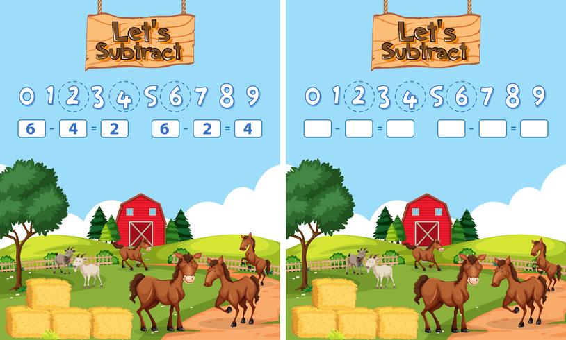 Math subtraction worksheet farm theme vector