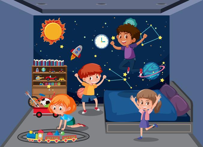 Niños jugando en el dormitorio vector