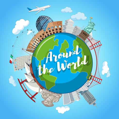 Around the world landmark scene vector