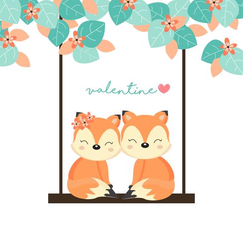 Valentine's Day Cards. Couple foxes on swing in the forest. vector