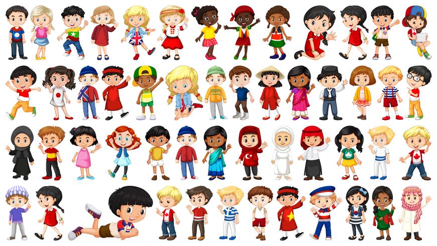 Conjunto de personaje infantil multicultural. vector