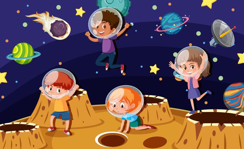 Niños astronautas en un planeta. vector