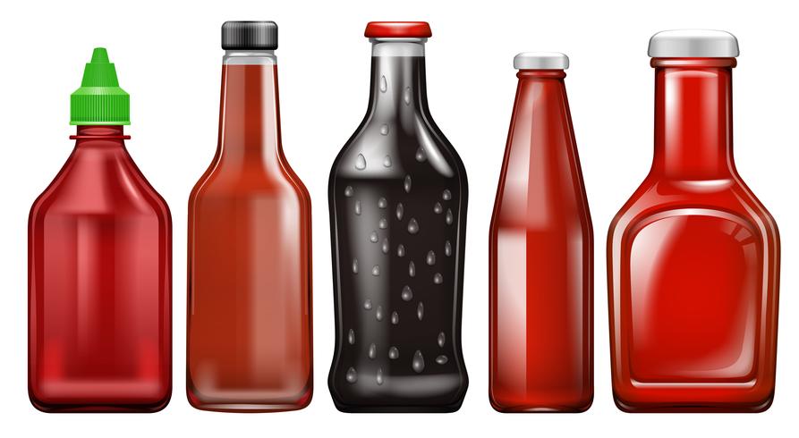 Conjunto de diferentes botellas de salsa. vector