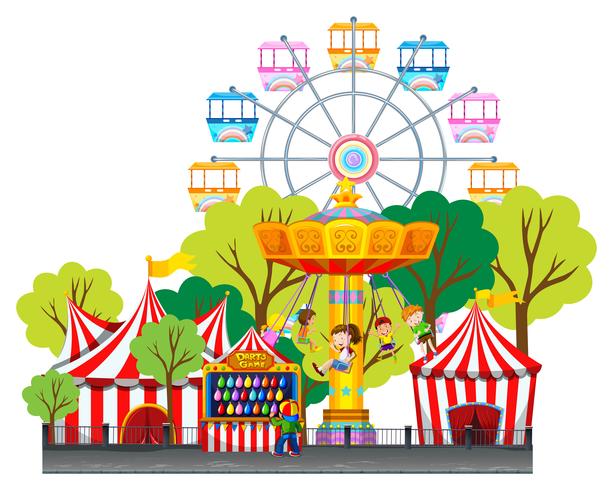 Children riding on swing at the fun park vector