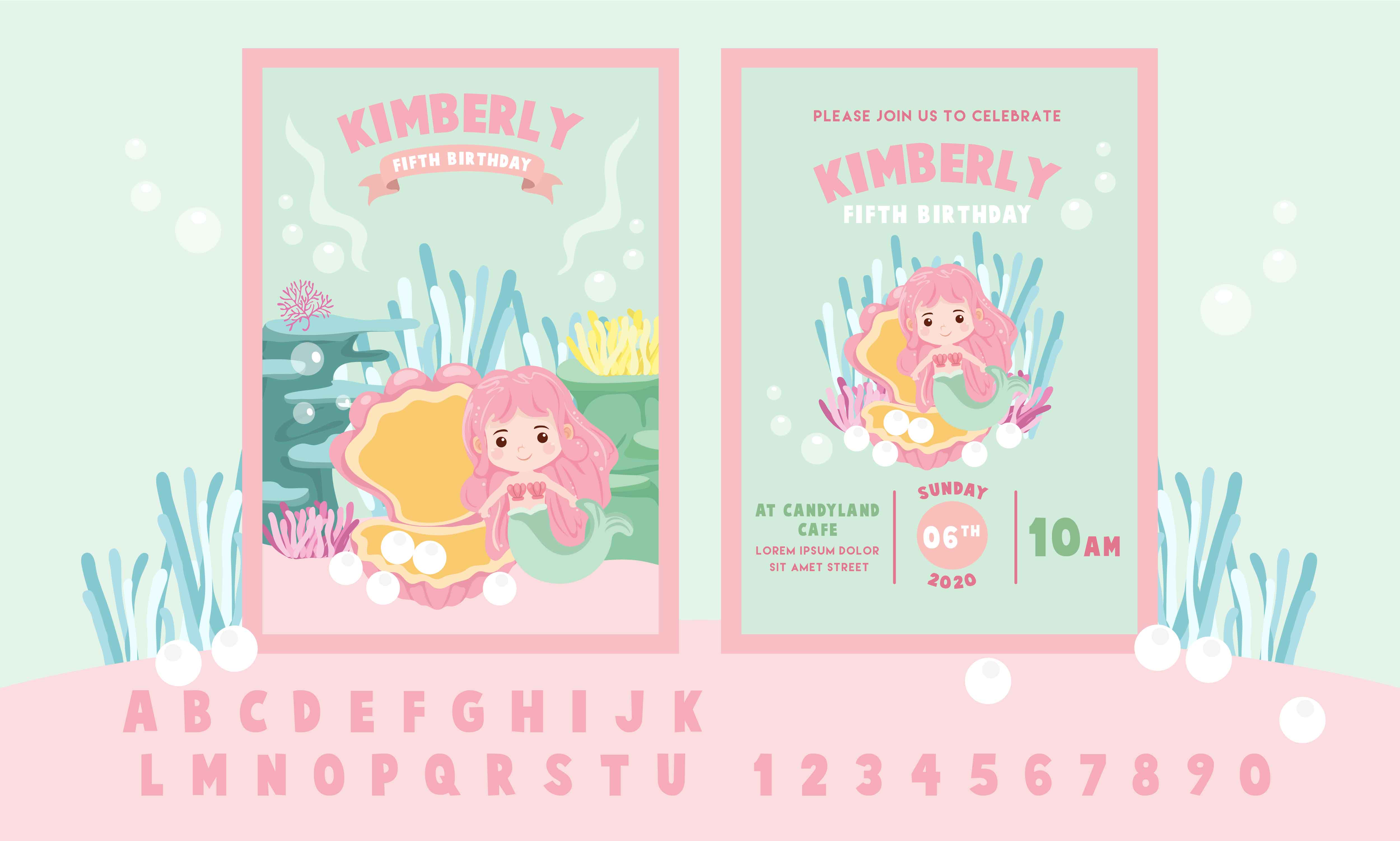 Download Cute Little Pink Mermaid Theme Birthday Party Invitation Card Template - Vector Illustration ...