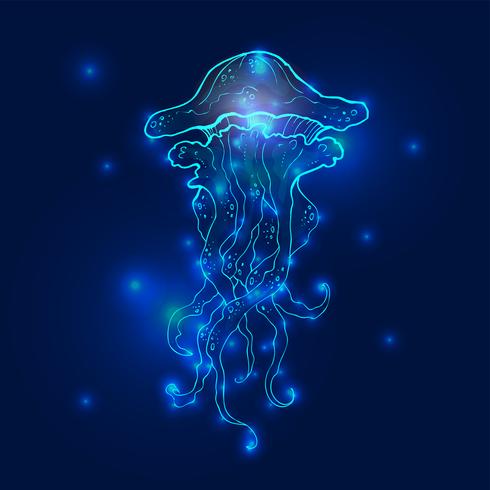 Transparent glowing neon blue and turquoise medusa blubber jellyfish set decorative background poster vector