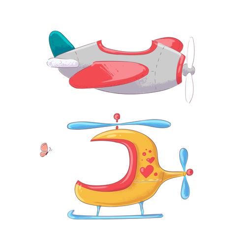Cute cartoon illustration set air transport airplane helicopter and balloon hand drawing style. vector