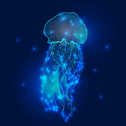 Transparent glowing neon blue and turquoise medusa blubber jellyfish set decorative background poster vector