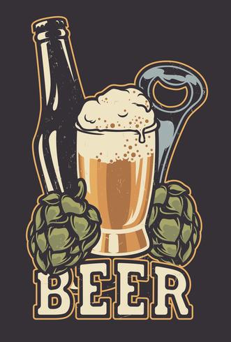 Vector illustration with a bottle of beer and hop cones. 
