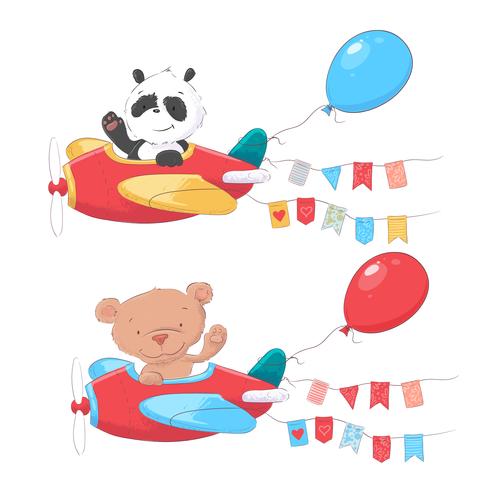 Set of cartoon cute animals panda and bear on airplanes kids clipart. vector