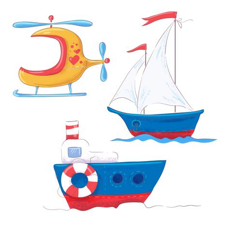 Conjunto de dibujos animados lindo transporte para niños s clipart vapor, barco de vapor y helicóptero. vector