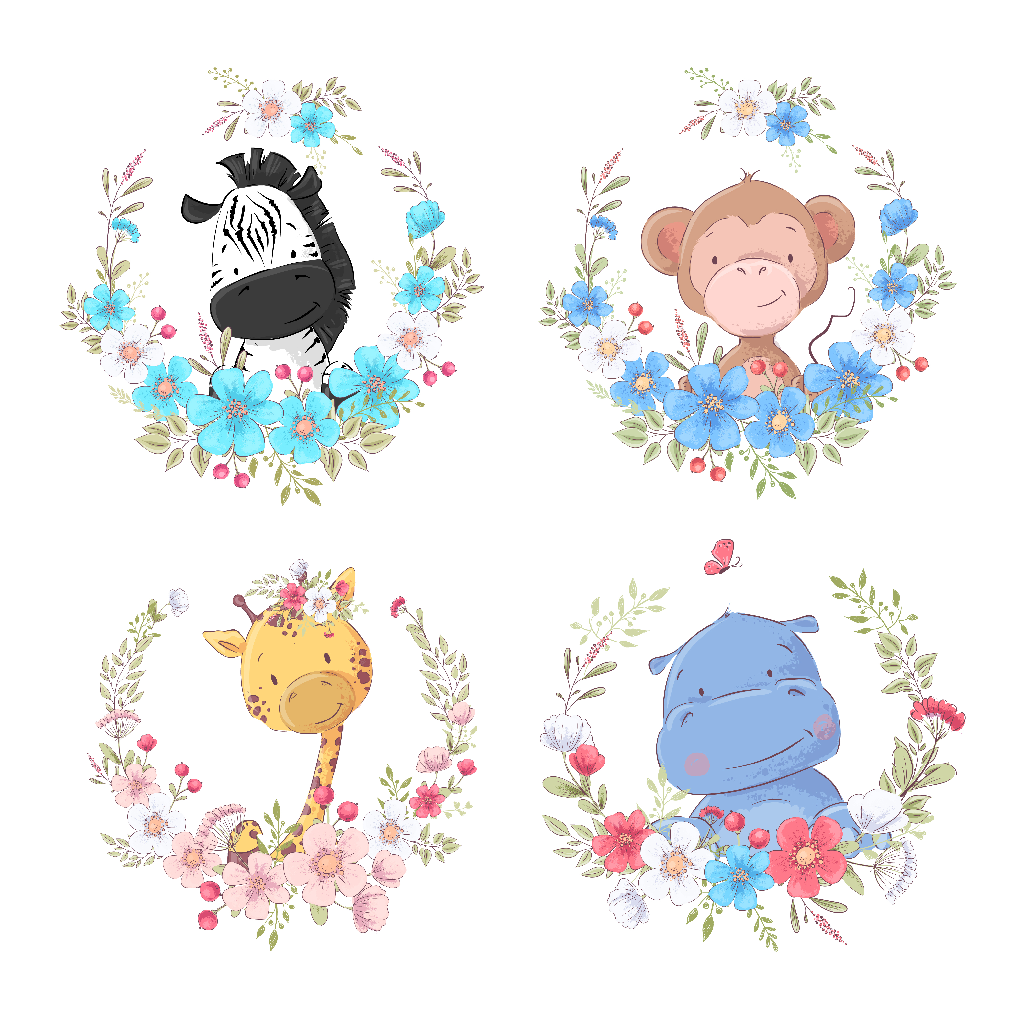 Set of cartoon cute animals zebra monkey giraffe and hippo in flower wreaths children's clipart. 598968 Vector Art at Vecteezy Set of cartoon cute animals zebra monkey giraffe and hippo in flower wreaths children's clipart. 598968 Vector Art at Vecteezy