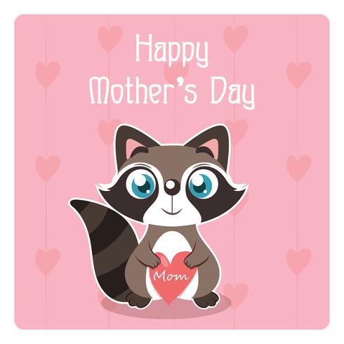 Ilustración del día de la madre con lindo mapache sosteniendo un corazón vector