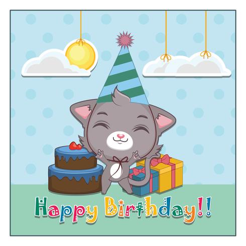 Tarjeta de cumpleaños con un lindo gatito gris alegre vector