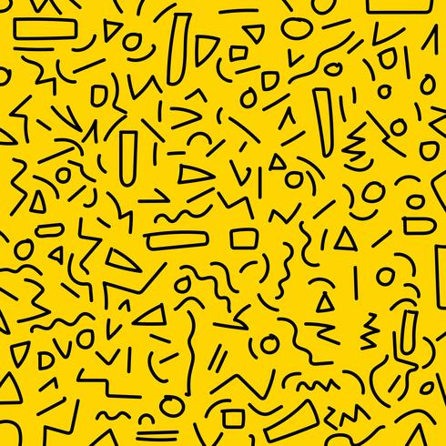 Hand draw black geometric memphis pattern 80's-90's styles on yellow background. vector