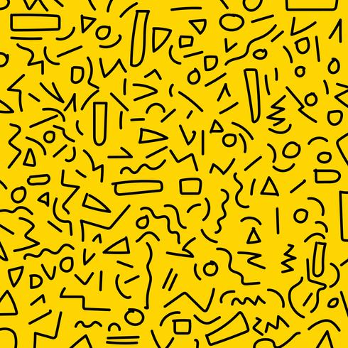 Hand draw black geometric memphis pattern 80's-90's styles on yellow background. vector