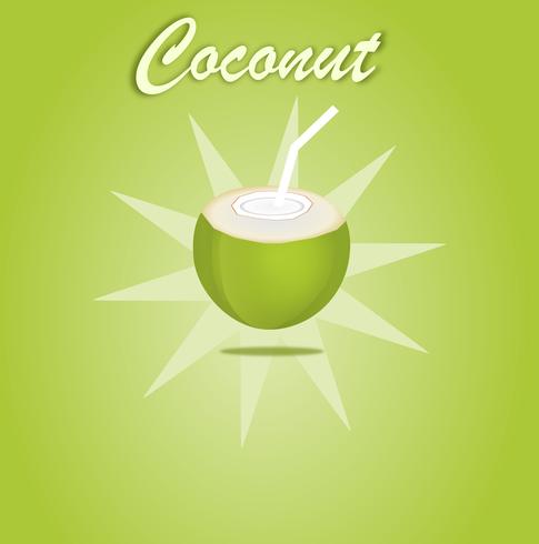 Agua del coco abierta para la fruta verde de la bebida en el diseño verde del fondo para la bandera o el cartel. Vector e ilustración.