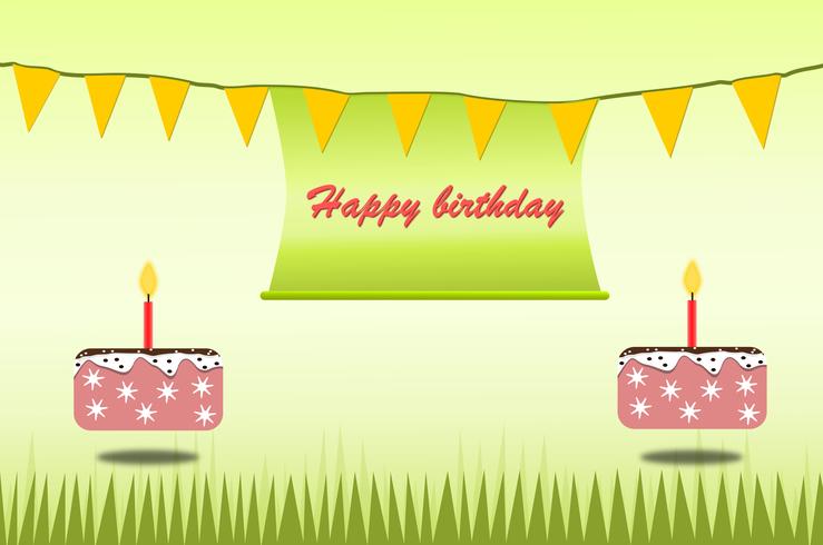 El verde y la torta del tema de la tarjeta del cartel del feliz cumpleaños para los niños diseñan vector y el ejemplo.